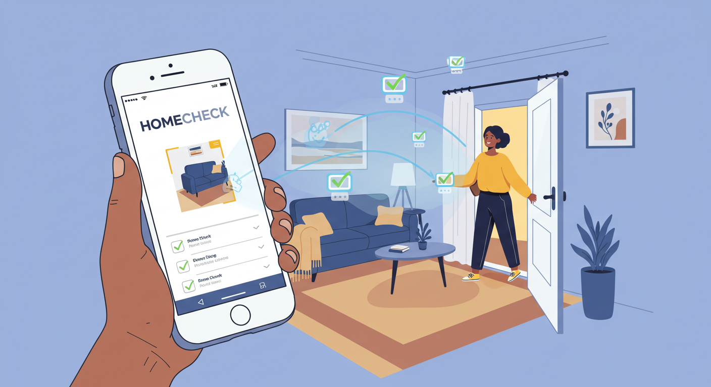 
				HomeCheck app interface showing property inspection